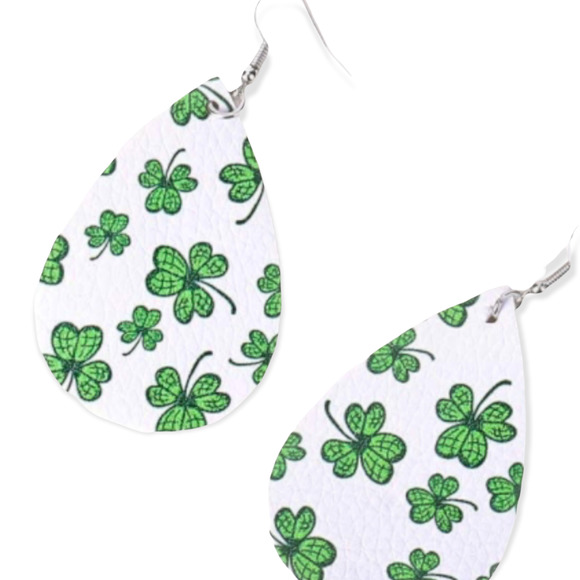 St. Patrick's Day Clover and White Leather  Tear Drop Earrings - Picture 1 of 3